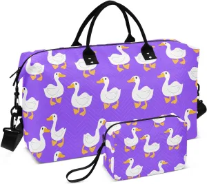 Cartoon Goose Purple Sports Gym Bag for Women Men Travel Duffel Bag Weekend Overnight Carry on Bag with Toiletry Bag for Hospital Plane Swimming Yoga