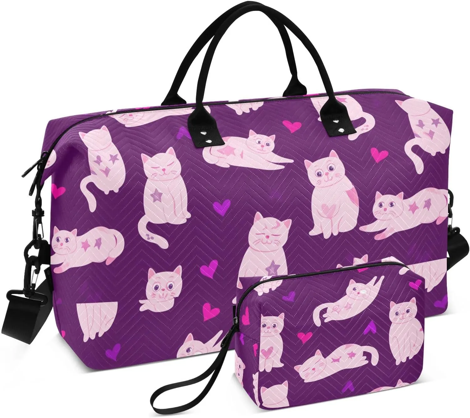 Cartoon Kitten Heart Purple Sports Gym Bag for Women Men Travel Duffel Bag Weekend Overnight Carry on Bag with Toiletry Bag for Hospital Plane Swimming Yoga
