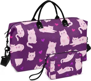 Cartoon Kitten Heart Purple Sports Gym Bag for Women Men Travel Duffel Bag Weekend Overnight Carry on Bag with Toiletry Bag for Hospital Plane Swimming Yoga