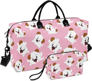 Cartoon Puppy Lightpink Sports Gym Bag for Women Men Travel Duffel Bag Weekend Overnight Carry on Bag with Toiletry Bag Training Handbag for Yoga Workout Swimming Hospital Plane