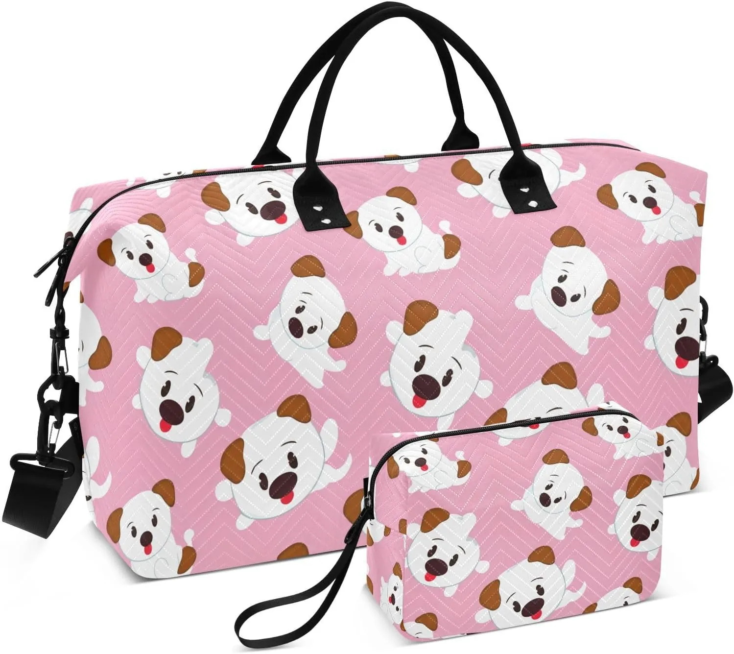 Cartoon Puppy Lightpink Sports Gym Bag for Women Men Travel Duffel Bag Weekend Overnight Carry on Bag with Toiletry Bag Training Handbag for Yoga Workout Swimming Hospital Plane