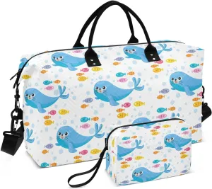 Cartoon Seal Fishes White Sports Gym Bag for Women Men Travel Duffel Bag Weekend Overnight Carry on Bag with Toiletry Bag Training Handbag for Plane Hospital Swimming Yoga Workout