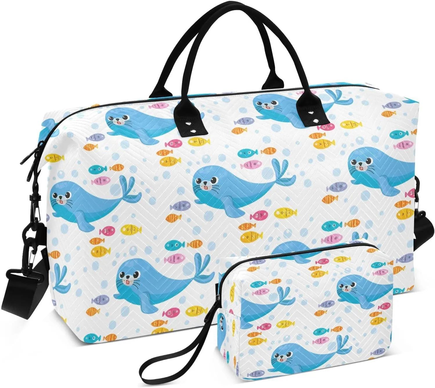 Cartoon Seal Fishes White Sports Gym Bag for Women Men Travel Duffel Bag Weekend Overnight Carry on Bag with Toiletry Bag Training Handbag for Plane Hospital Swimming Yoga Workout