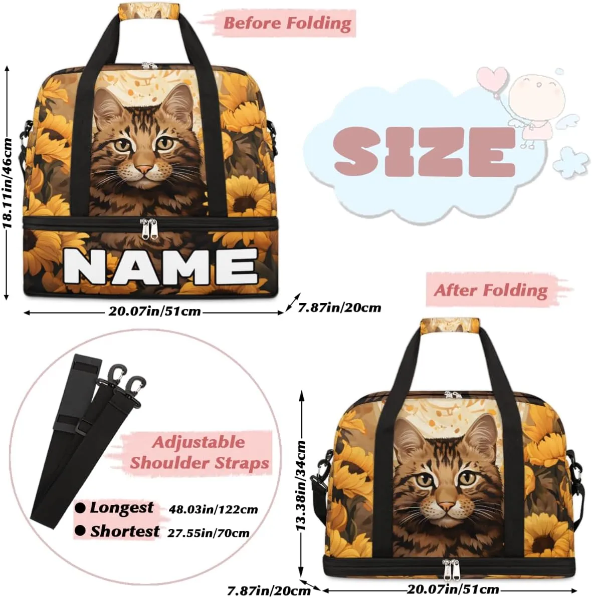 Cat Printing Custom Foldable Duffle Bag with Shoes Compartment Personalized Large Capacity Waterproof Travel Weekender Bag Overnight Bag for Sports Gym