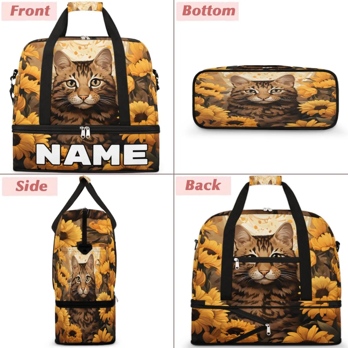 Cat Printing Custom Foldable Duffle Bag with Shoes Compartment Personalized Large Capacity Waterproof Travel Weekender Bag Overnight Bag for Sports Gym