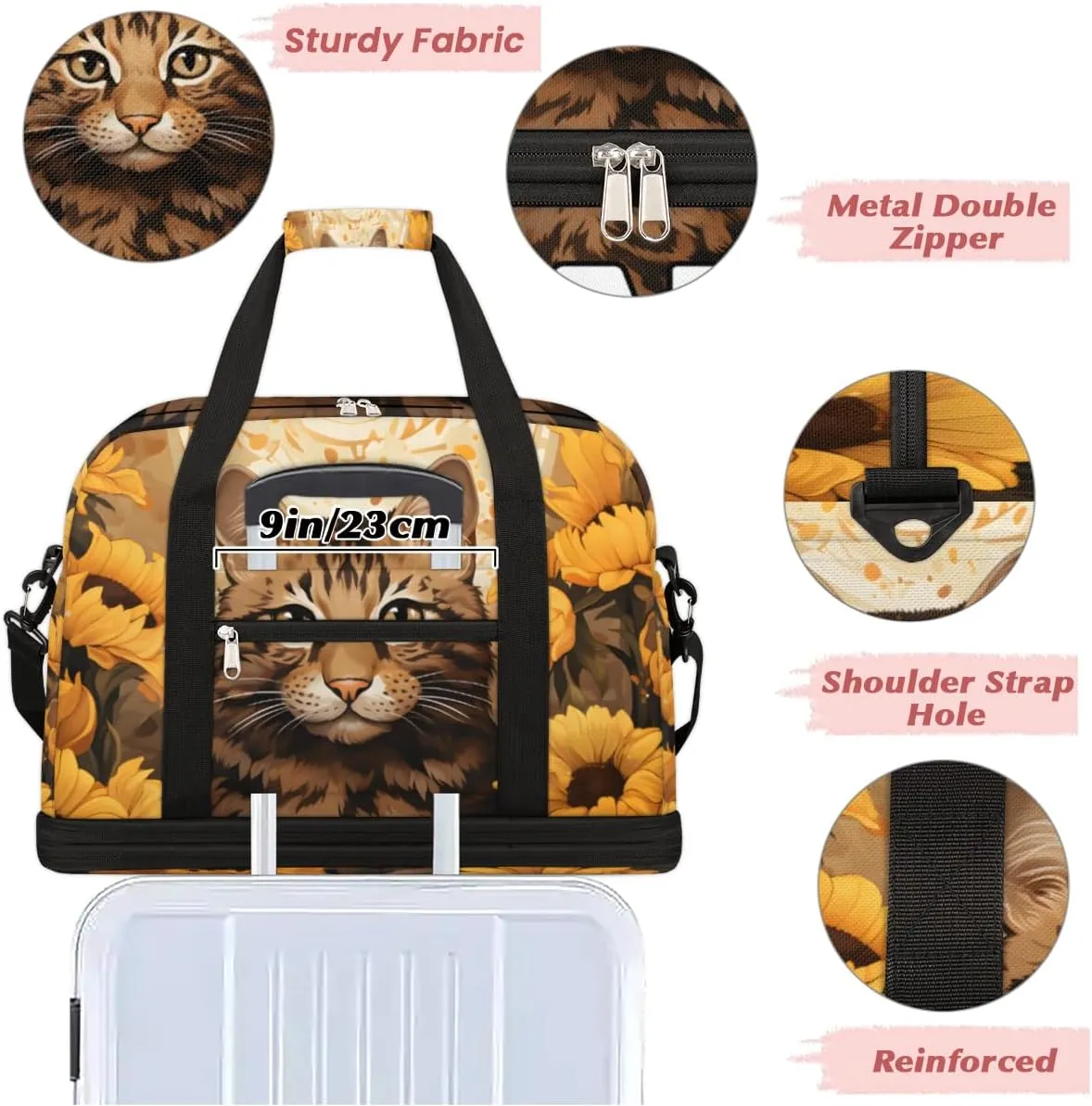 Cat Printing Custom Foldable Duffle Bag with Shoes Compartment Personalized Large Capacity Waterproof Travel Weekender Bag Overnight Bag for Sports Gym