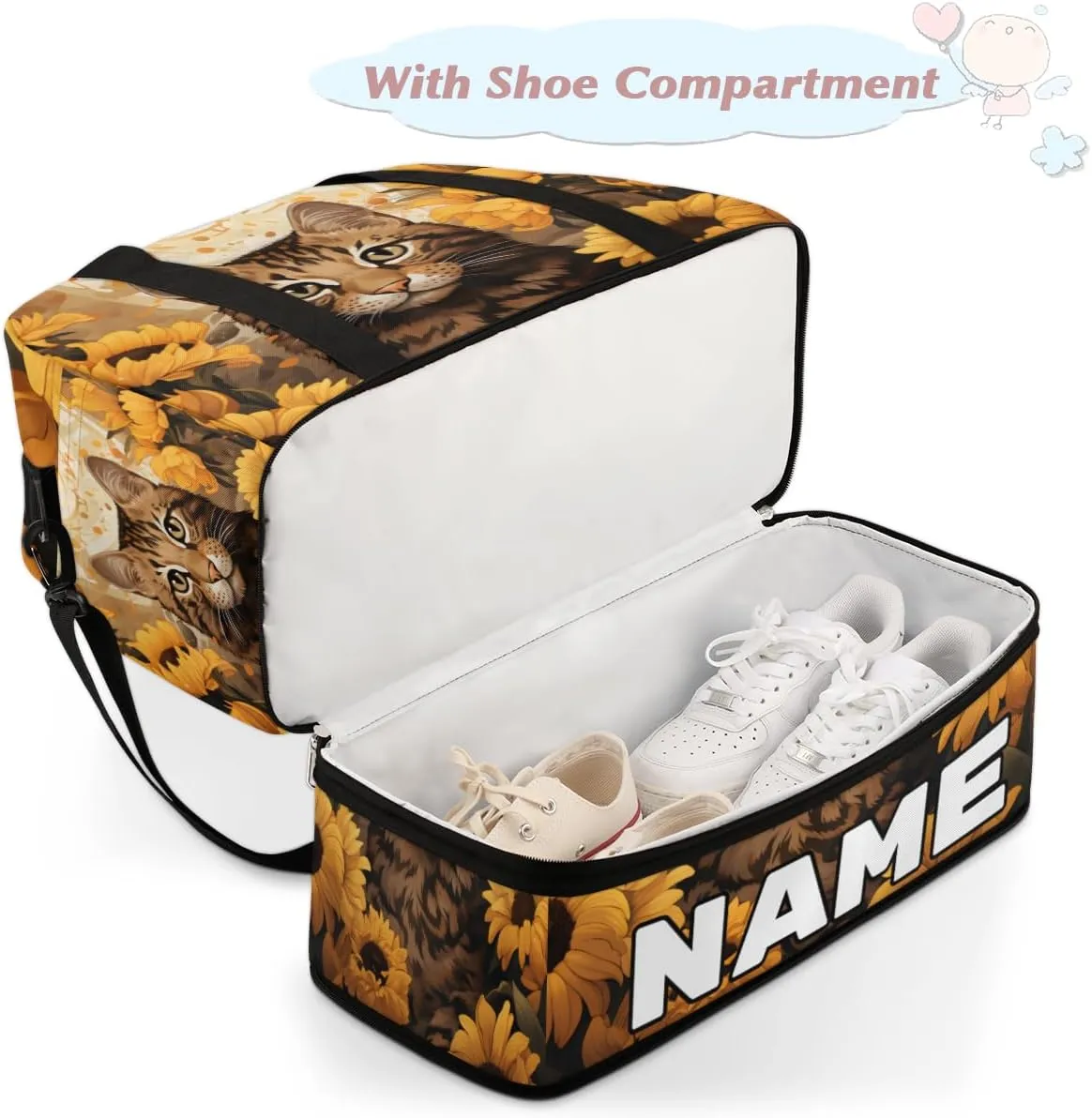 Cat Printing Custom Foldable Duffle Bag with Shoes Compartment Personalized Large Capacity Waterproof Travel Weekender Bag Overnight Bag for Sports Gym