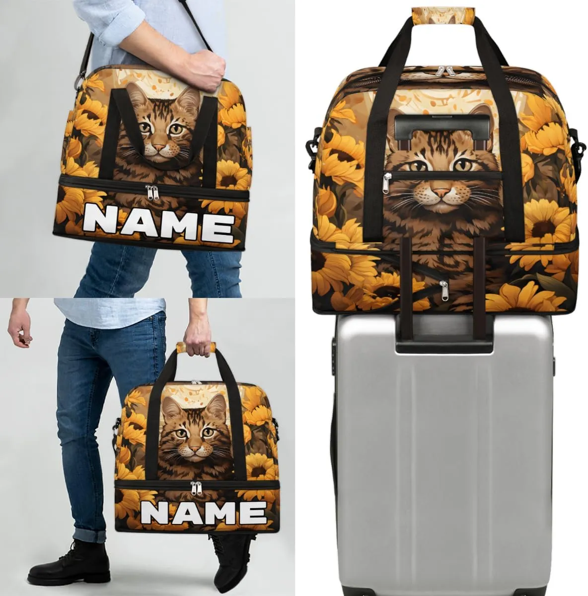 Cat Printing Custom Foldable Duffle Bag with Shoes Compartment Personalized Large Capacity Waterproof Travel Weekender Bag Overnight Bag for Sports Gym