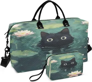Cat Water Lilies Teal Sports Gym Bag for Women Men Travel Duffel Bag Weekend Overnight Carry on Bag with Toiletry Bag Training Handbag for Swimming Yoga Workout Plane Hospital