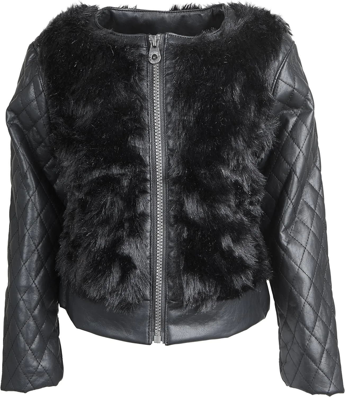 Catherine Malandrino Little Girls Fur Moto Jacket with PU Leather Quilted Sleeve - Black (Size 5/6)