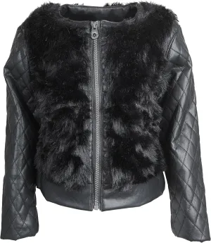 Catherine Malandrino Little Girls Fur Moto Jacket with PU Leather Quilted Sleeve - Black (Size 5/6)