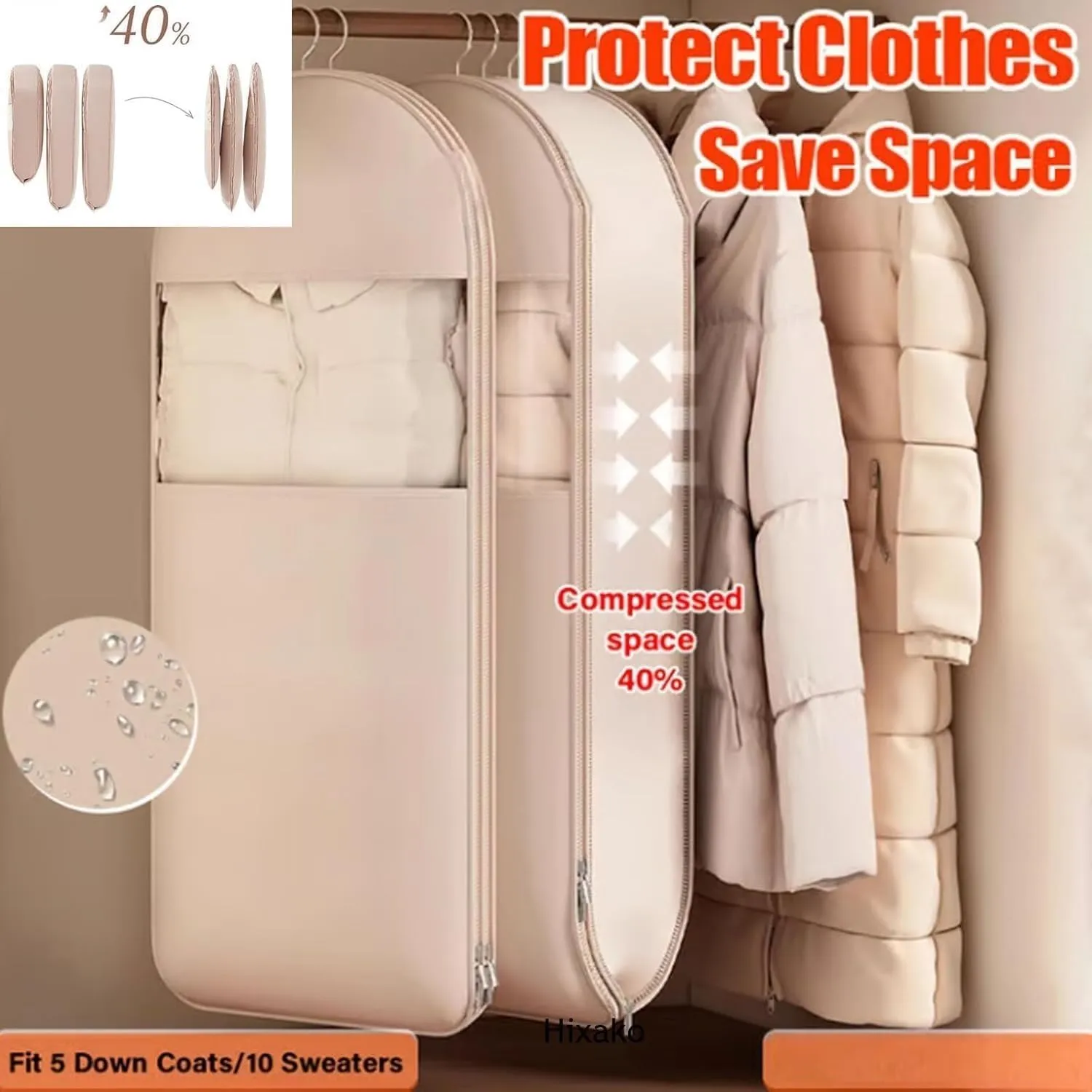 Cautiecimal 2025 Space Saving Hanging Garment Bag with Self Compression Zipper, Space Saver Closet Organizers, Dust Cover Clothes Bags for down Coat, for Closet Storage (Pink M L)