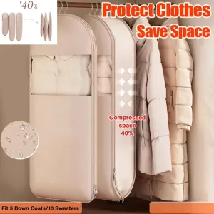 Cautiecimal 2025 Space Saving Hanging Garment Bag with Self Compression Zipper, Space Saver Closet Organizers, Dust Cover Clothes Bags for down Coat, for Closet Storage (Pink M L)