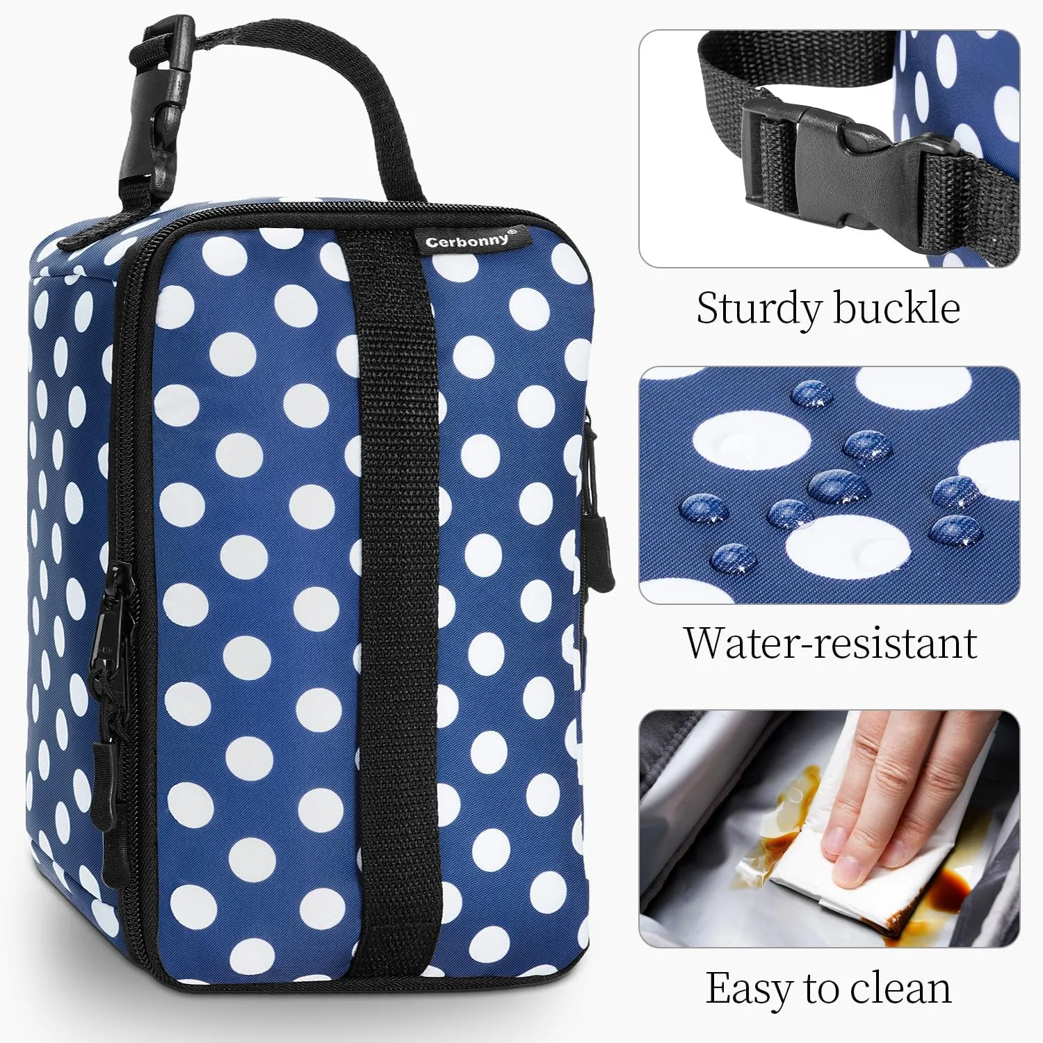 Cerbonny Small Lunch Box,Freezable Snack Bag for Adults & Kids,Freezable Lunch box,insulated Snack Bag with Buckle Handle,Compact Lunch Box for Work School Travel(Polka Dot)