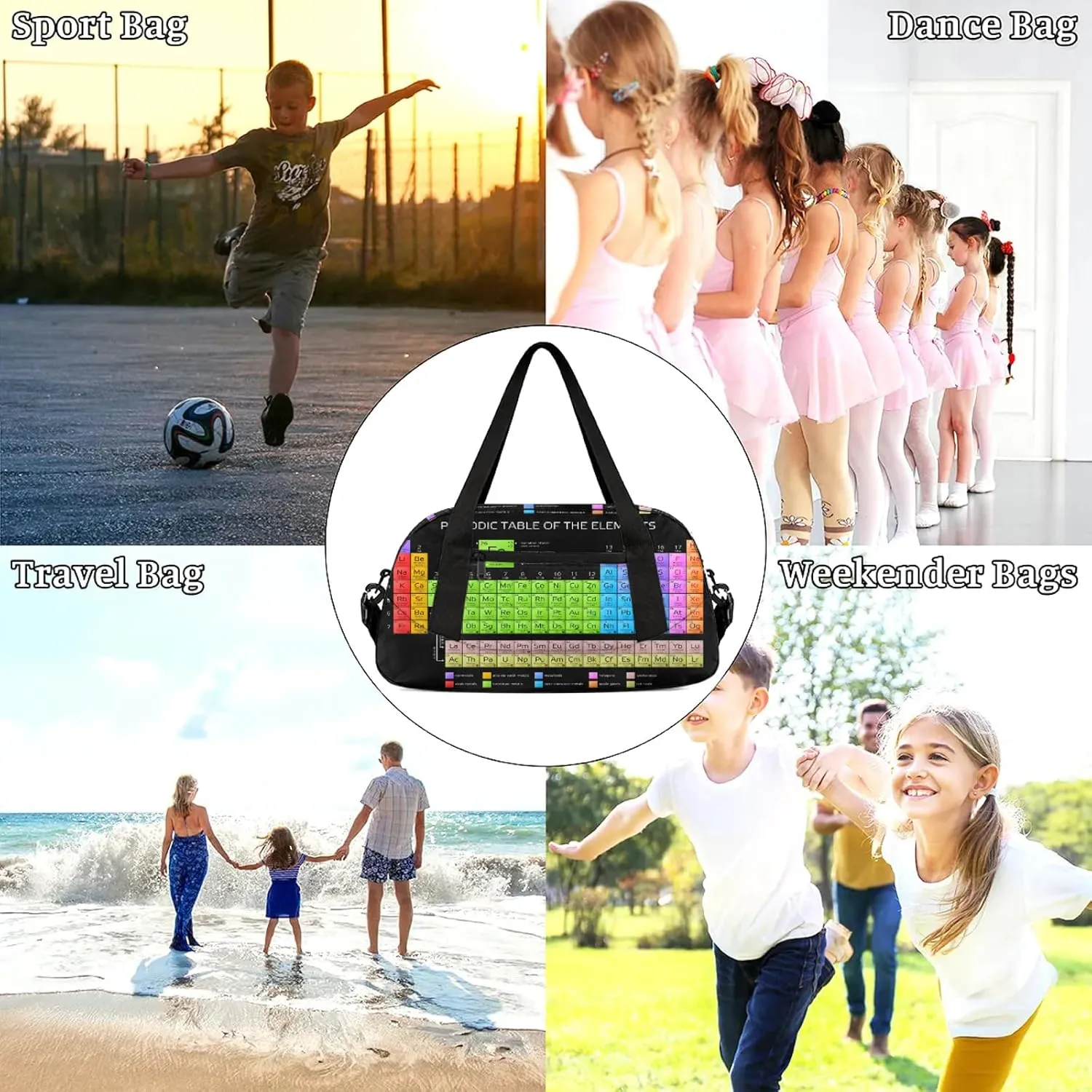 Chemistry Period Table Of The Element Kids Duffel Bag Lightweight Waterproof Sports Gym Bag with Front Zipper Pocket Foldable Weekender Overnight Bag for School Practice Gymnastic Ballet