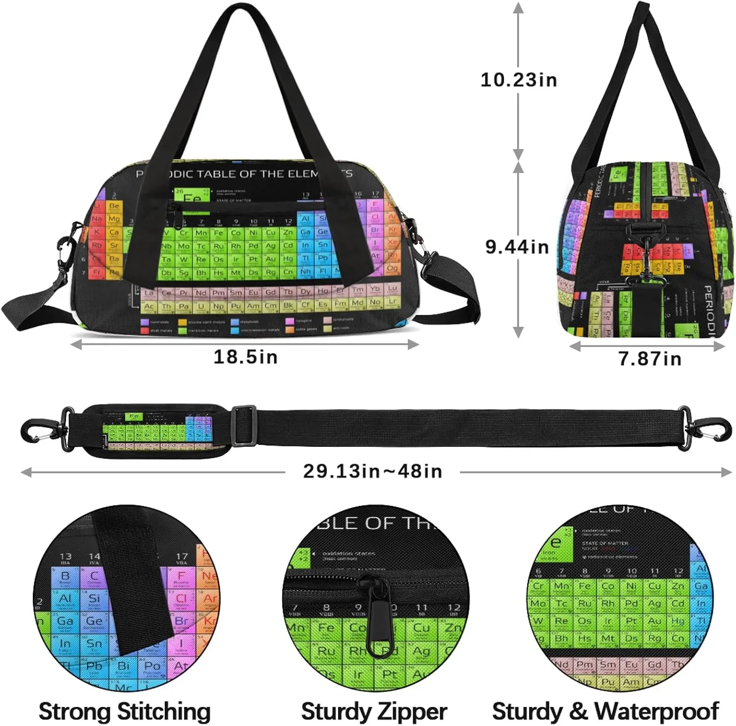 Chemistry Period Table Of The Element Kids Duffel Bag Lightweight Waterproof Sports Gym Bag with Front Zipper Pocket Foldable Weekender Overnight Bag for School Practice Gymnastic Ballet