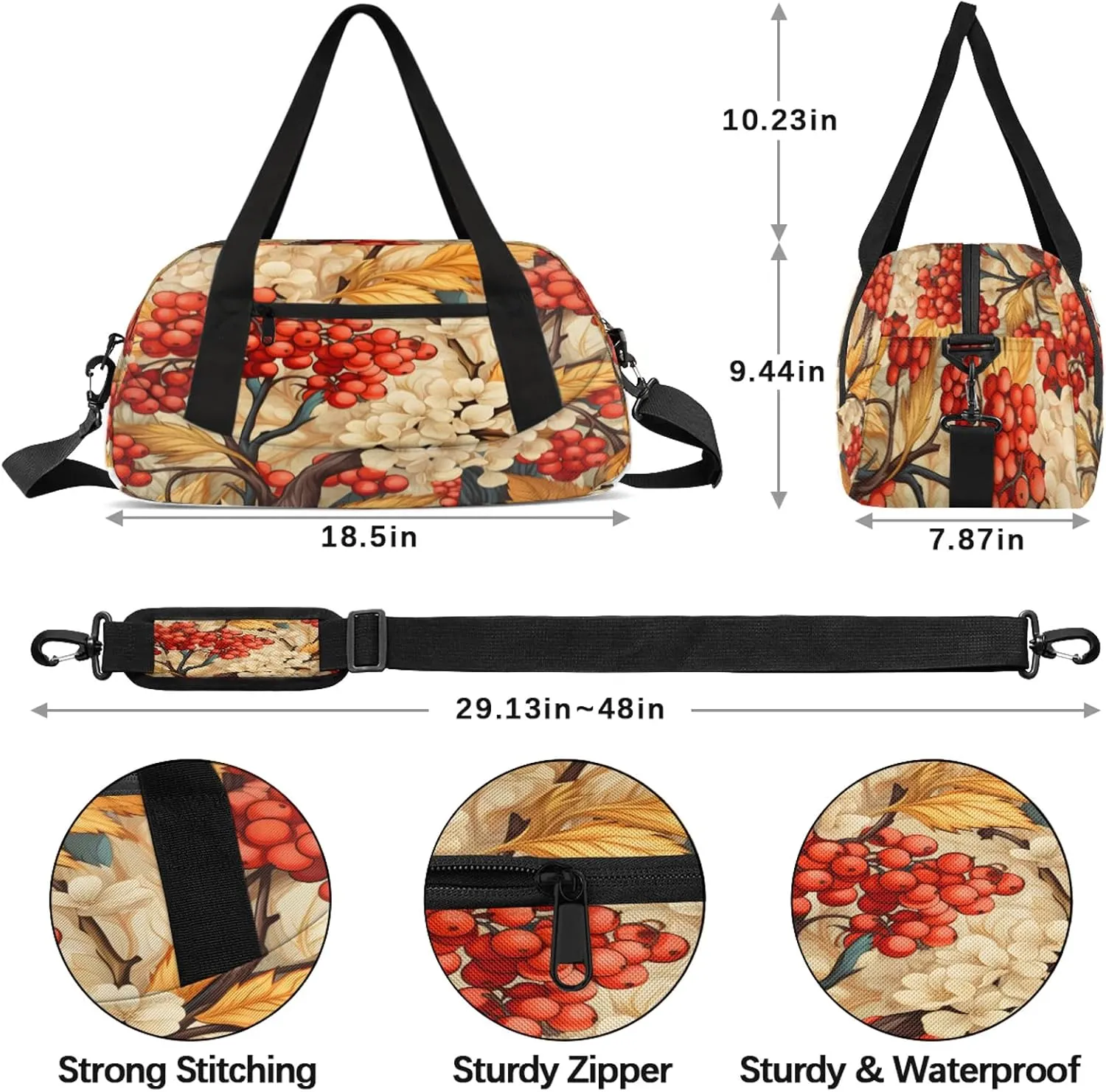 Christmas Flowers Berries Kids Duffel Bag Lightweight Waterproof Sports Gym Bag with Front Zipper Pocket Foldable Weekender Overnight Bag for School Practice Gymnastic Ballet