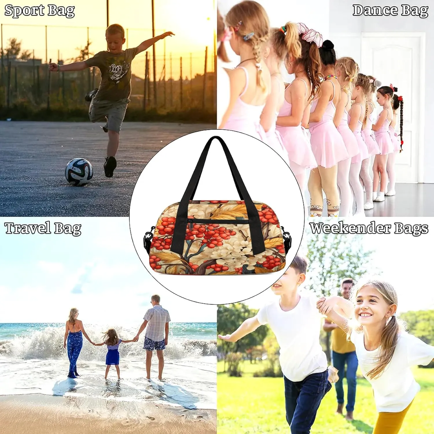 Christmas Flowers Berries Kids Duffel Bag Lightweight Waterproof Sports Gym Bag with Front Zipper Pocket Foldable Weekender Overnight Bag for School Practice Gymnastic Ballet