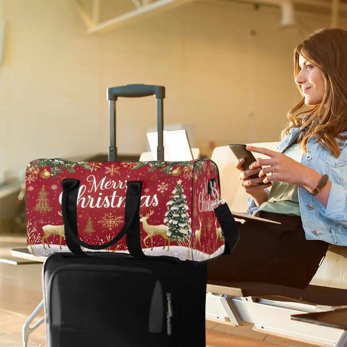 Christmas Themed Travel Duffle Bag, Sports Gym Bags for Women Men, Carry On Weekender Overnight Workout Airplane Trips Bag