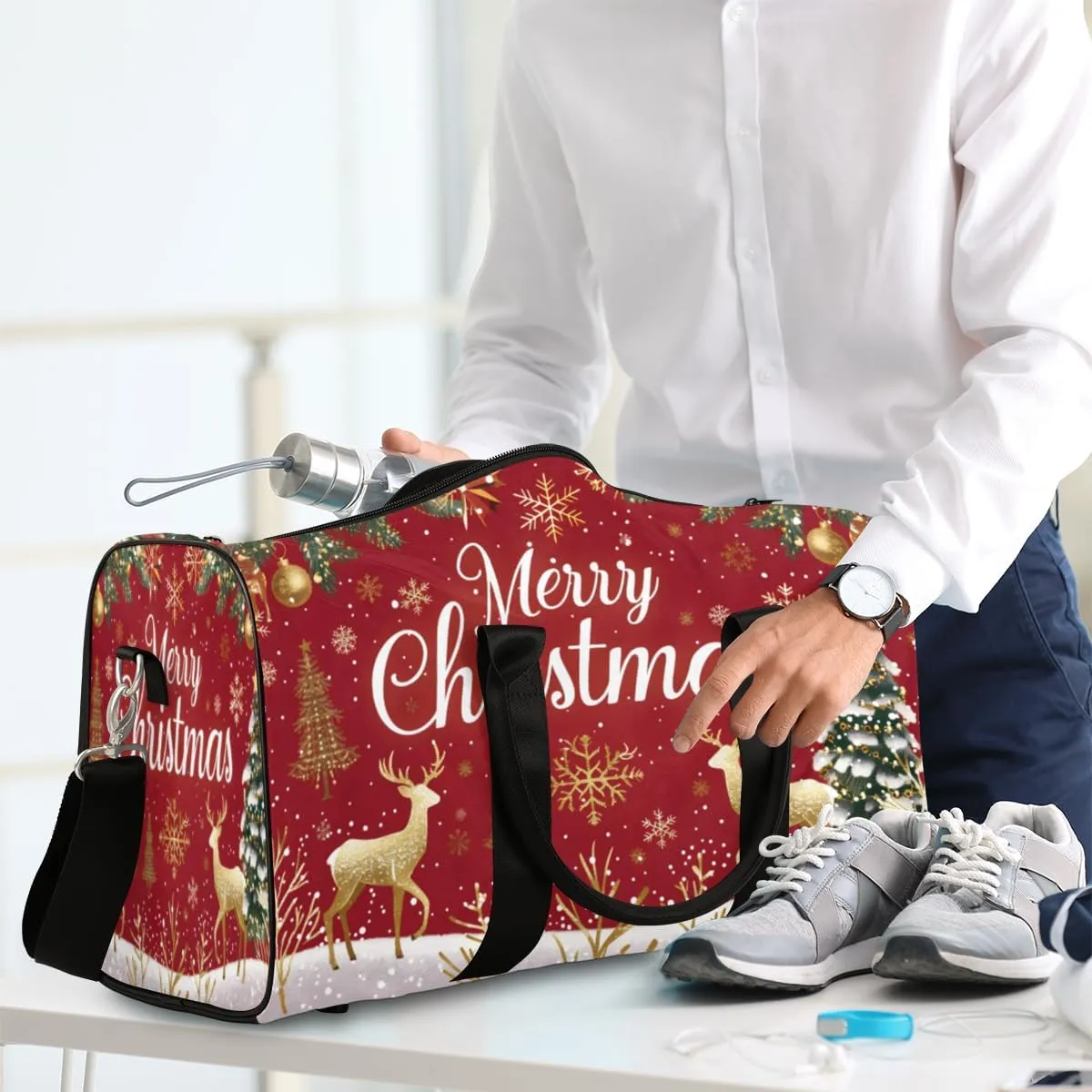 Christmas Themed Travel Duffle Bag, Sports Gym Bags for Women Men, Carry On Weekender Overnight Workout Airplane Trips Bag