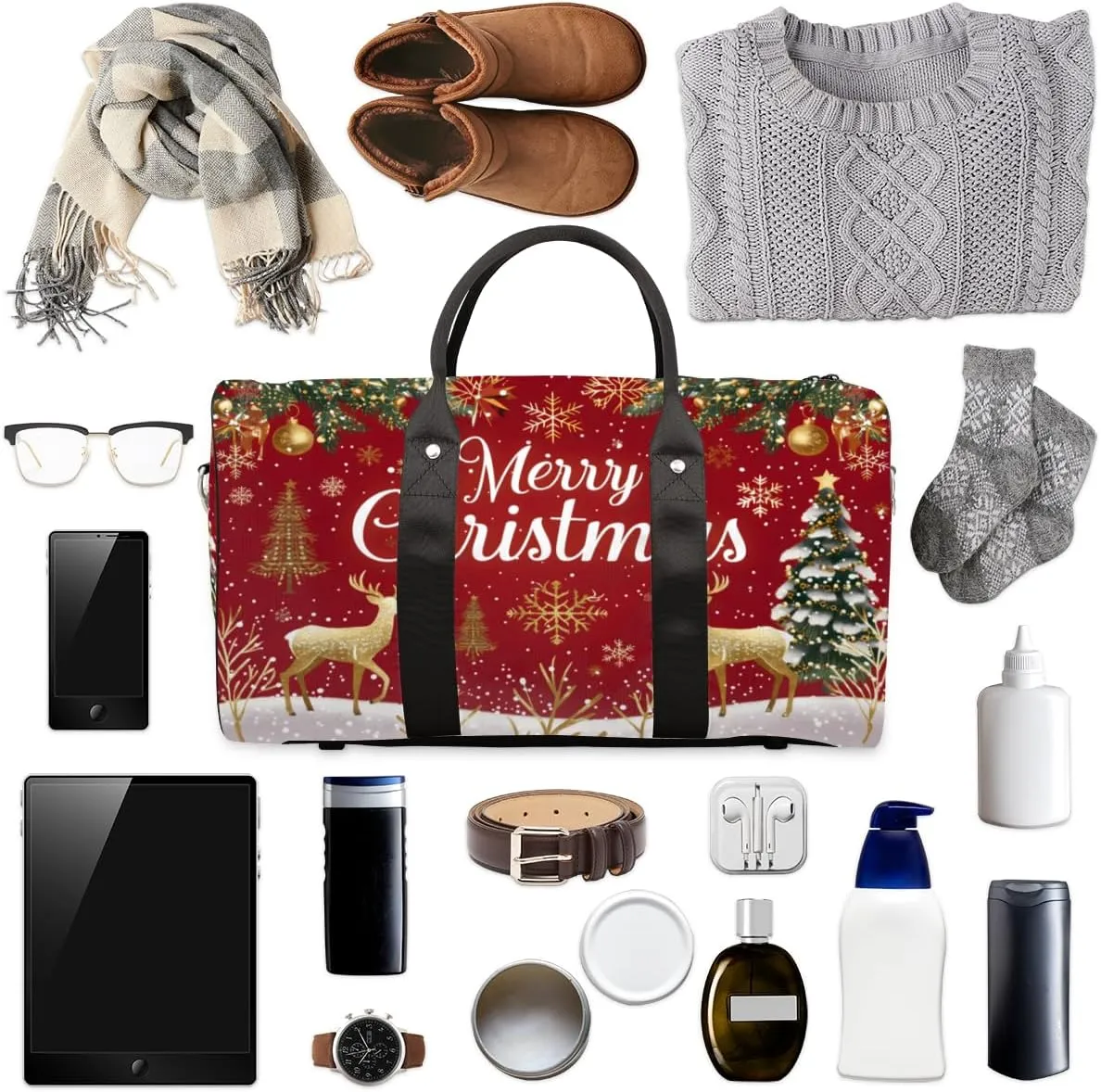 Christmas Themed Travel Duffle Bag, Sports Gym Bags for Women Men, Carry On Weekender Overnight Workout Airplane Trips Bag