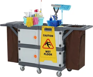Cleaning Cart, 220 Lb. Wheeled Cleaning Cart with Door and Vinyl Bags, 3 Tiers and 4 Cabinets of Cleaning Tools for Hotel Housekeeping, Housekeeping Services