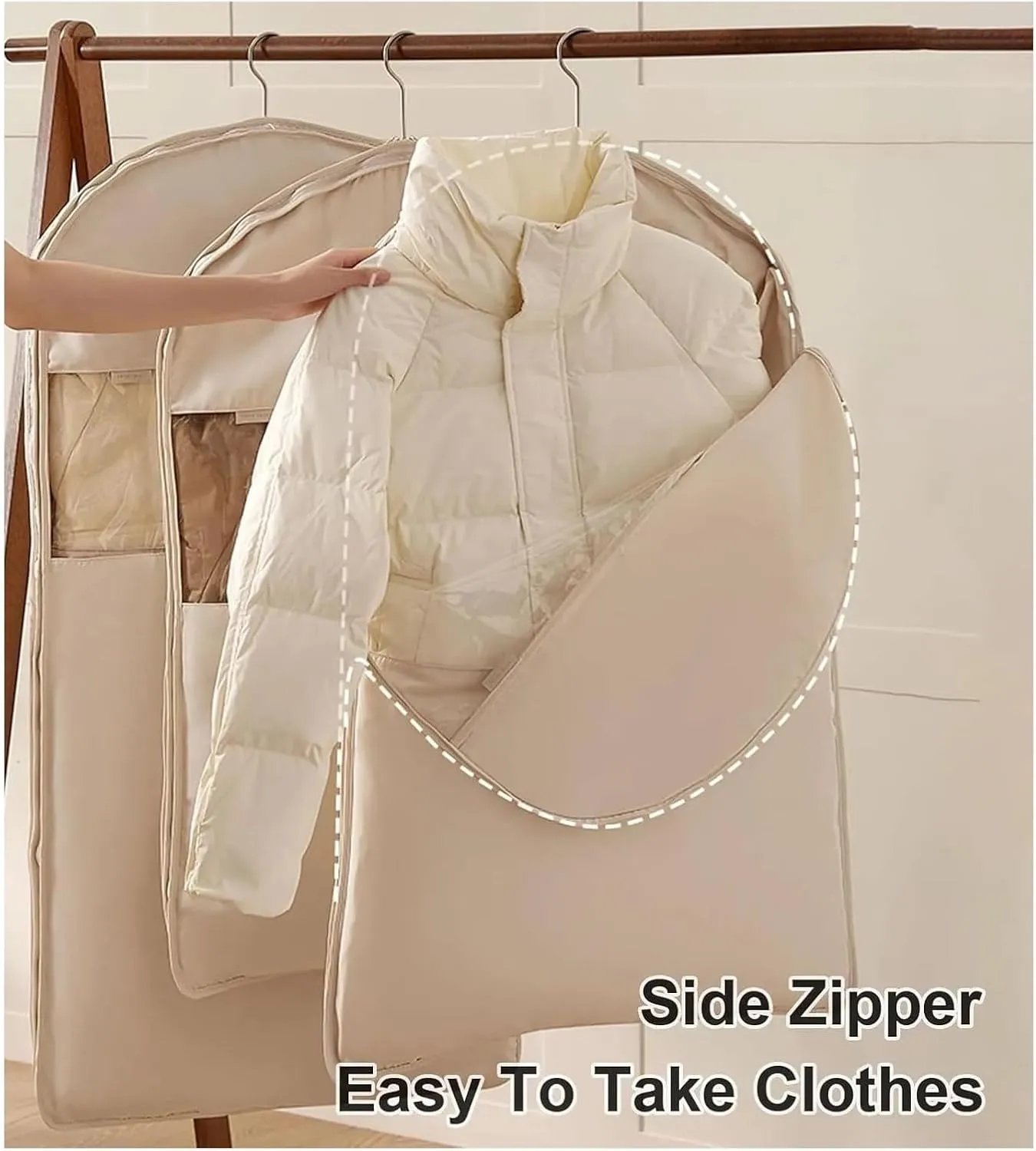 Closet Storage Compression Save Space Suit Bags For Closet Storage Garment Bags For Hanging Clothes With Zipper Space Saving Hanging Clothes Bags(Beige L)