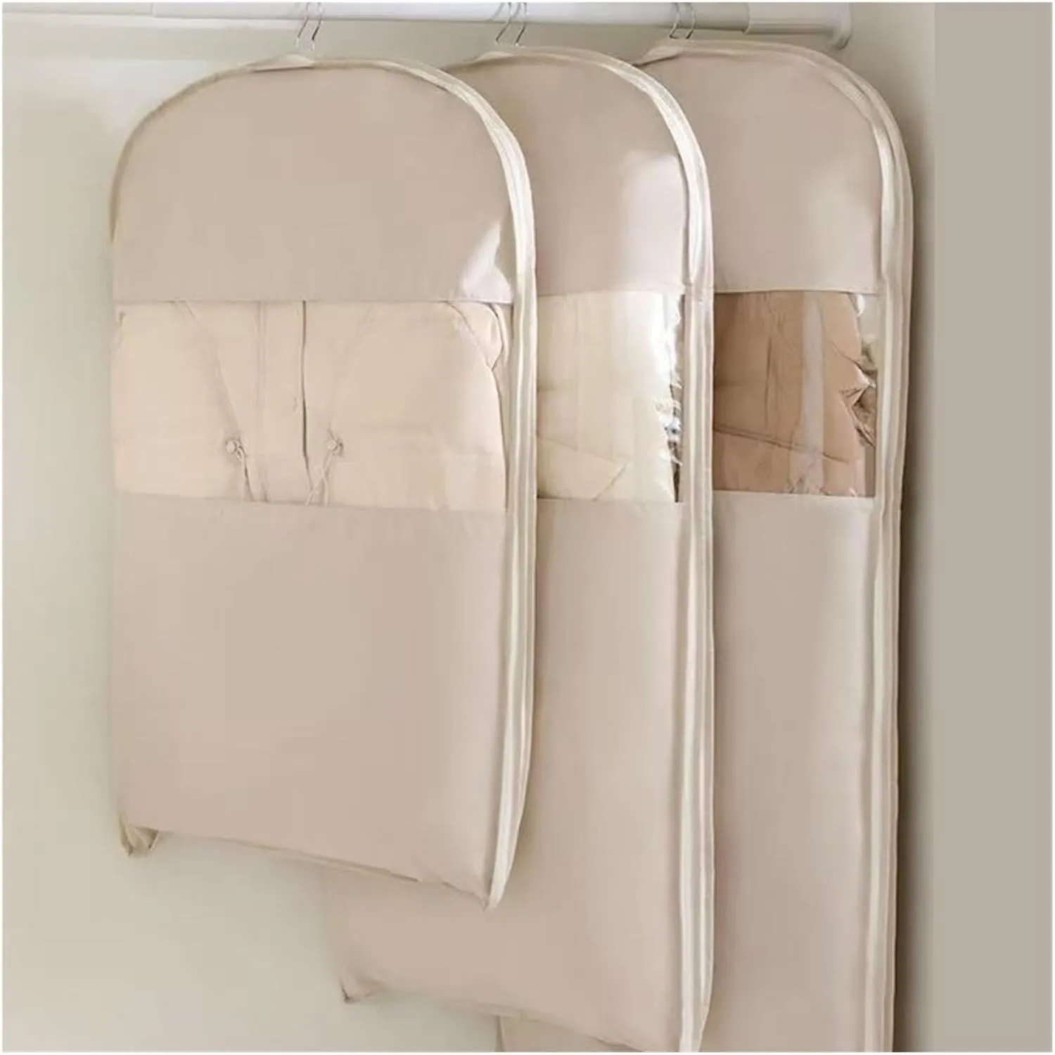 Closet Storage Compression Save Space Suit Bags For Closet Storage Garment Bags For Hanging Clothes With Zipper Space Saving Hanging Clothes Bags(Beige L)