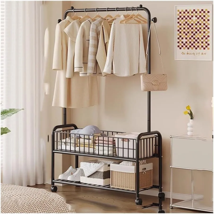 Clothes Rack Clothes rack with wheeled drying rack hanging clothes and hat rack in the landlord's bedroom simple household room bedside clothes storage rack for Hanging Clothes Closet System(Black)