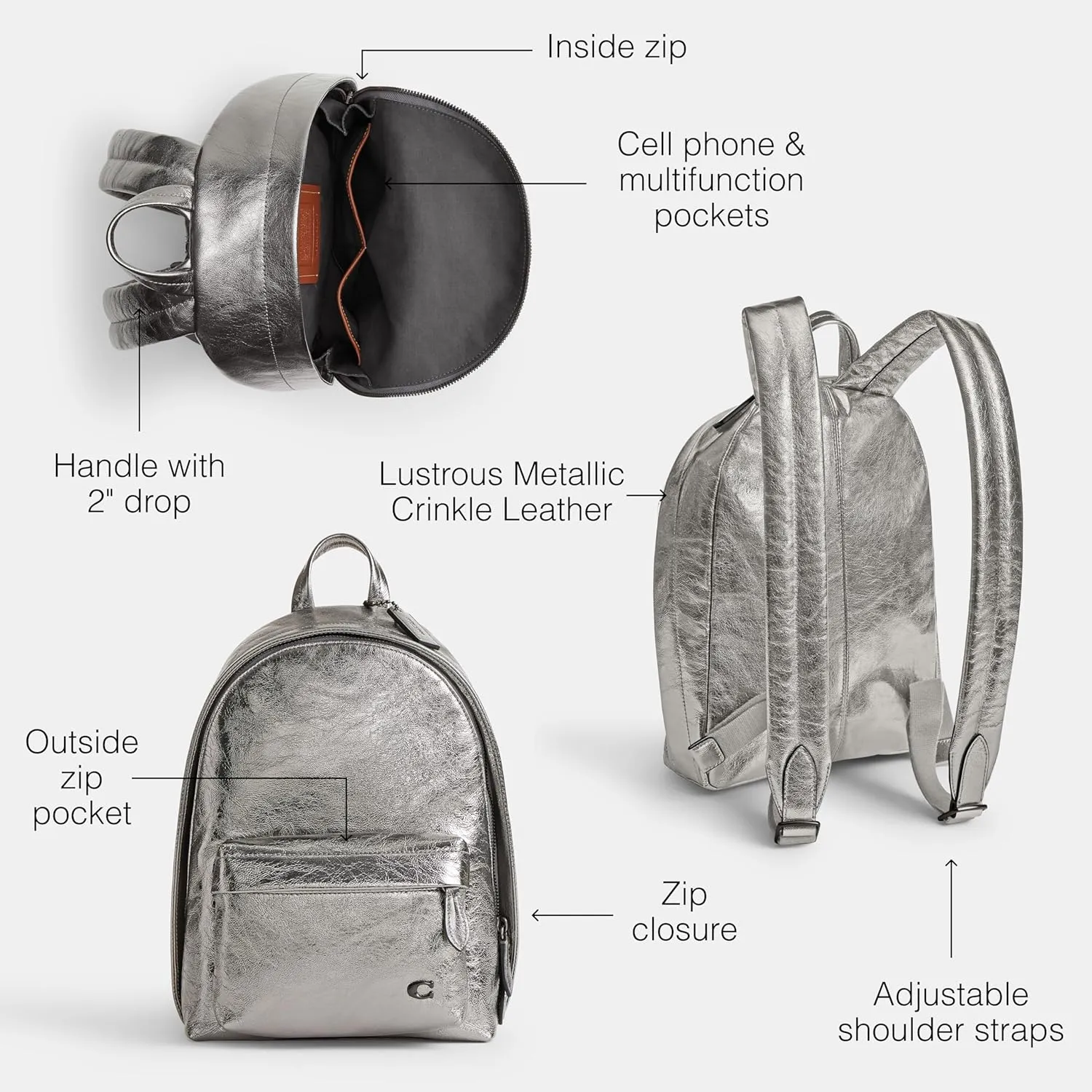 COACH Men's Hall Backpack 22 in Metallic Crinkle Leather, Anthracite, One Size