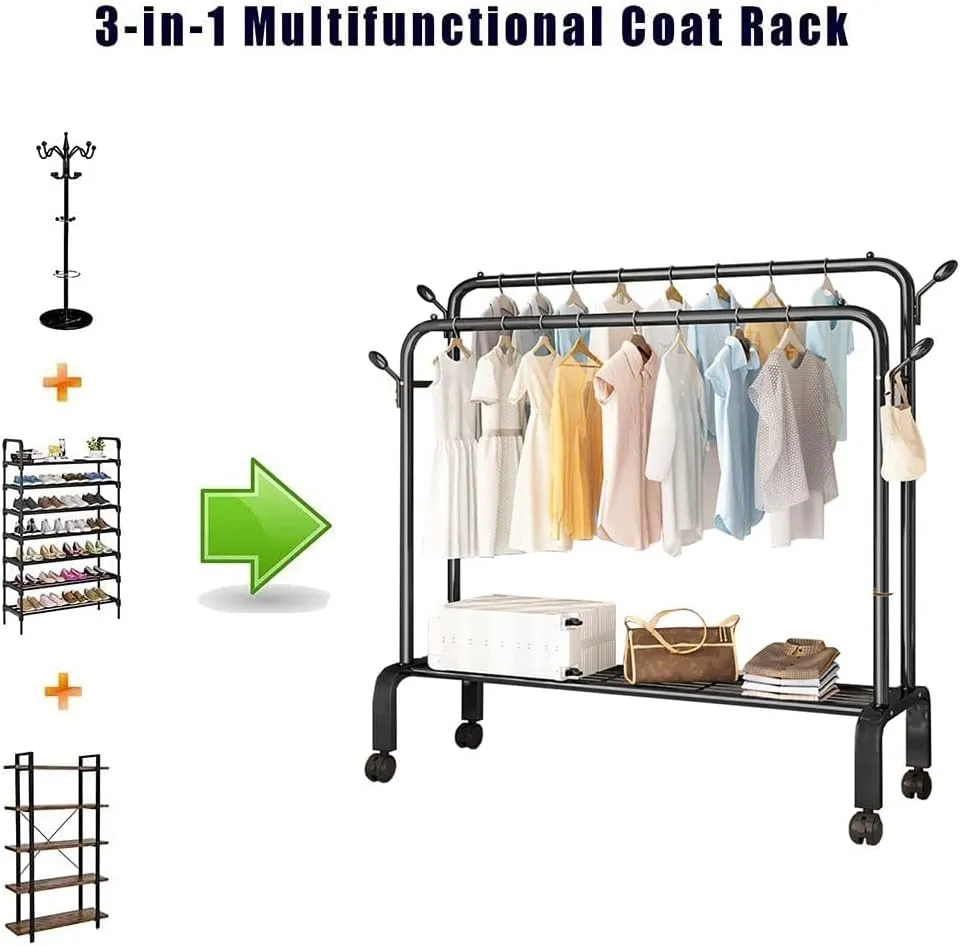 Coat Rack Stand，Wheeled Coat Rack With Double Rail, Metal Clothes Rack With 1 Storage Rack, Removable Coat Rack, Super Load-bearing, Can Put Clothes, Shoes, Hats, Bags, Etc,160 * 50 * 154cm ( Color :