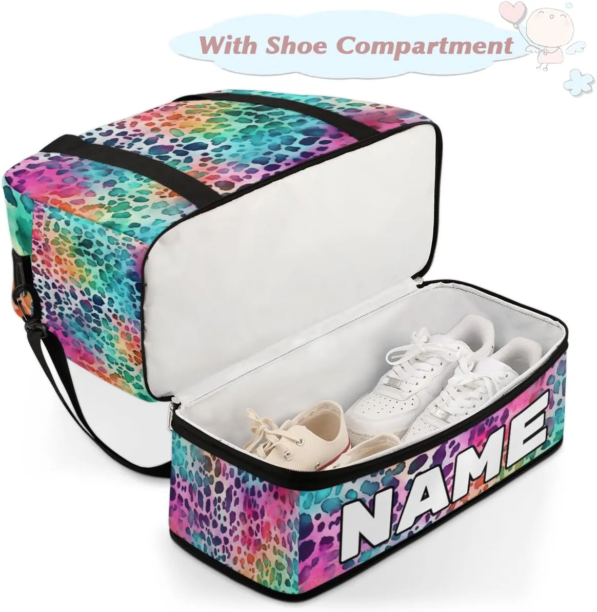 Color Leopard Skin Printed Custom Foldable Duffle Bag with Shoes Compartment Personalized Large Capacity Waterproof Travel Weekender Bag Overnight Bag for Sports Gym