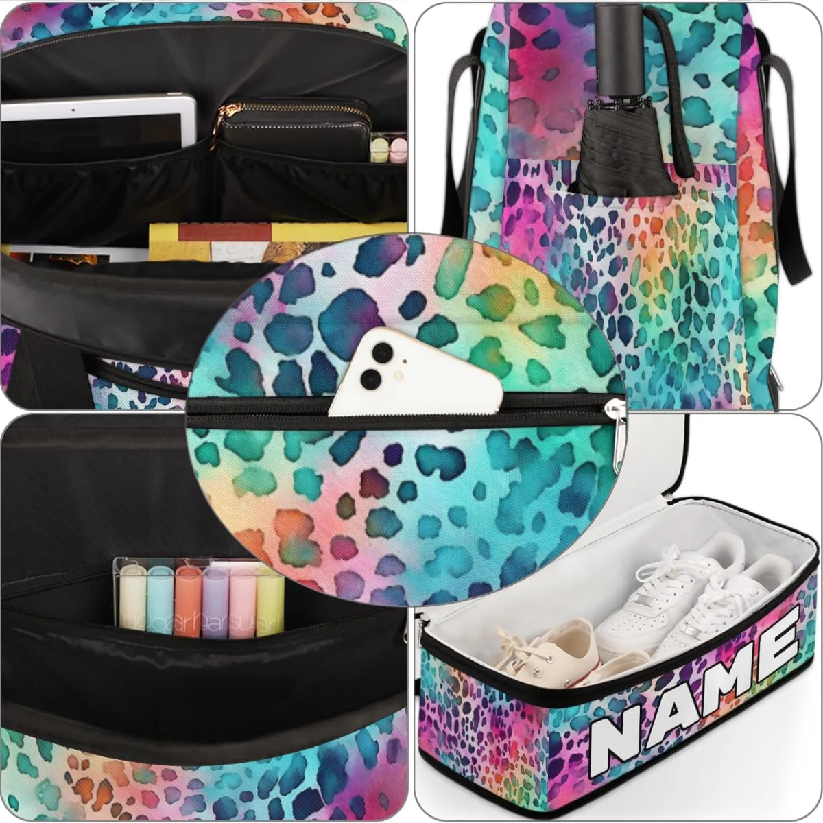 Color Leopard Skin Printed Custom Foldable Duffle Bag with Shoes Compartment Personalized Large Capacity Waterproof Travel Weekender Bag Overnight Bag for Sports Gym