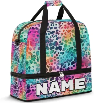 Color Leopard Skin Printed Custom Foldable Duffle Bag with Shoes Compartment Personalized Large Capacity Waterproof Travel Weekender Bag Overnight Bag for Sports Gym