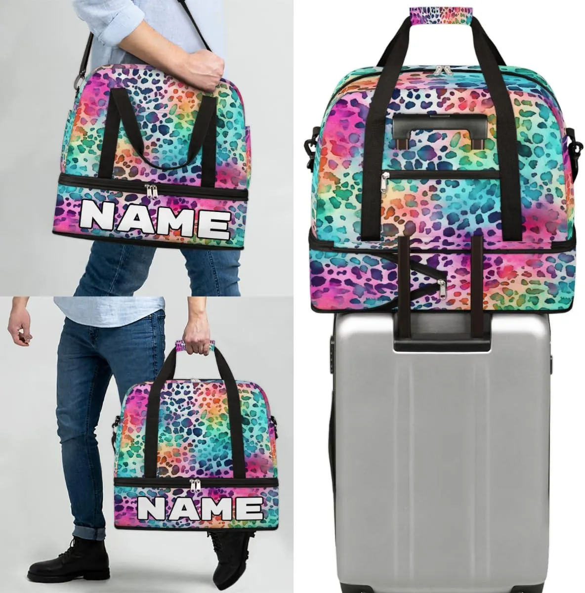 Color Leopard Skin Printed Custom Foldable Duffle Bag with Shoes Compartment Personalized Large Capacity Waterproof Travel Weekender Bag Overnight Bag for Sports Gym