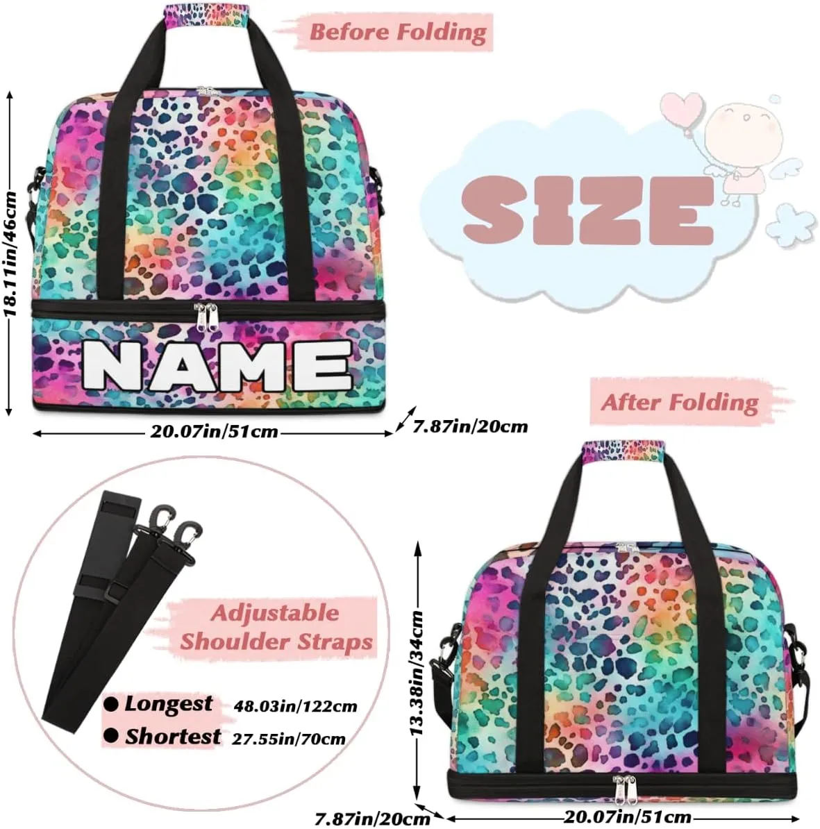 Color Leopard Skin Printed Custom Foldable Duffle Bag with Shoes Compartment Personalized Large Capacity Waterproof Travel Weekender Bag Overnight Bag for Sports Gym