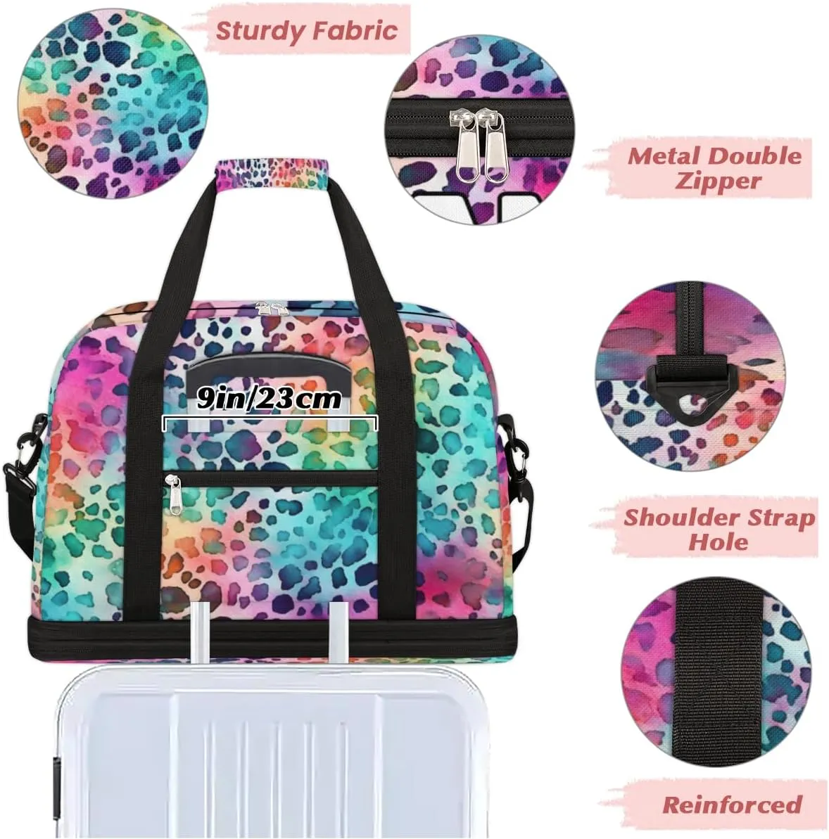 Color Leopard Skin Printed Custom Foldable Duffle Bag with Shoes Compartment Personalized Large Capacity Waterproof Travel Weekender Bag Overnight Bag for Sports Gym
