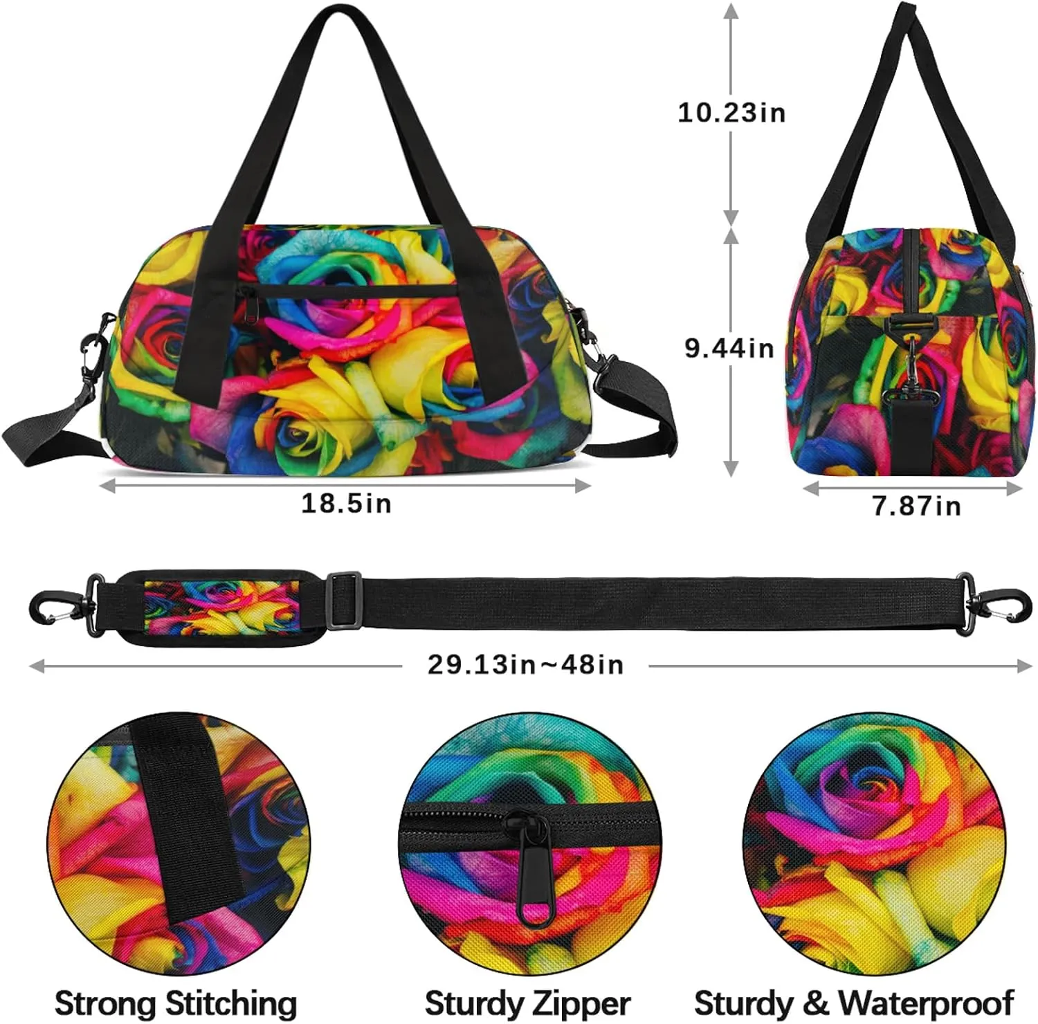 Color Rose Print Kids Duffel Bag Lightweight Waterproof Sports Gym Bag with Front Zipper Pocket Foldable Weekender Overnight Bag for School Practice Gymnastic Ballet