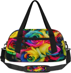 Color Rose Print Kids Duffel Bag Lightweight Waterproof Sports Gym Bag with Front Zipper Pocket Foldable Weekender Overnight Bag for School Practice Gymnastic Ballet