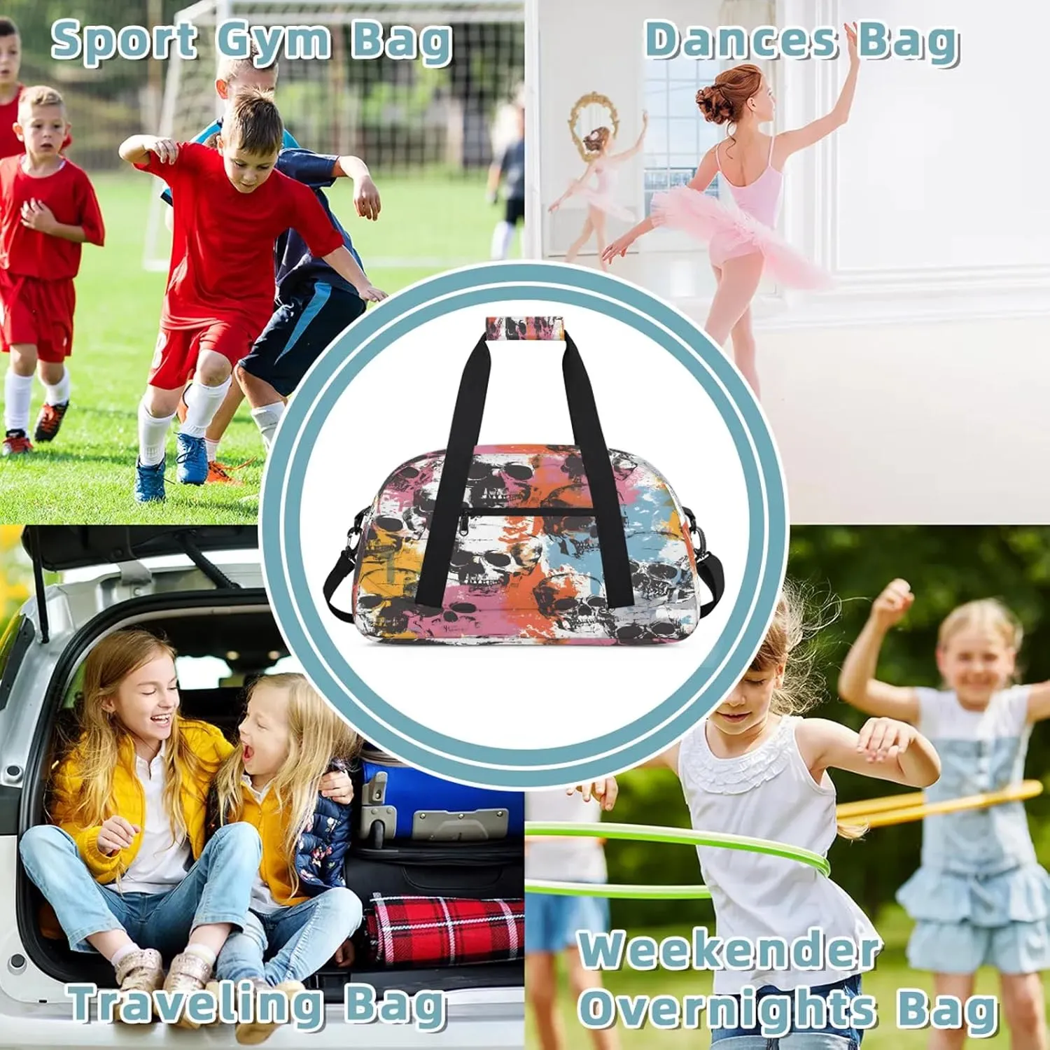 Color Skull Gothic Skeleton Small Gym Bag 18 inch Carry On Duffel Bag for Weekender Travel Sports Workout Yoga Gymnastics Dance Ballet