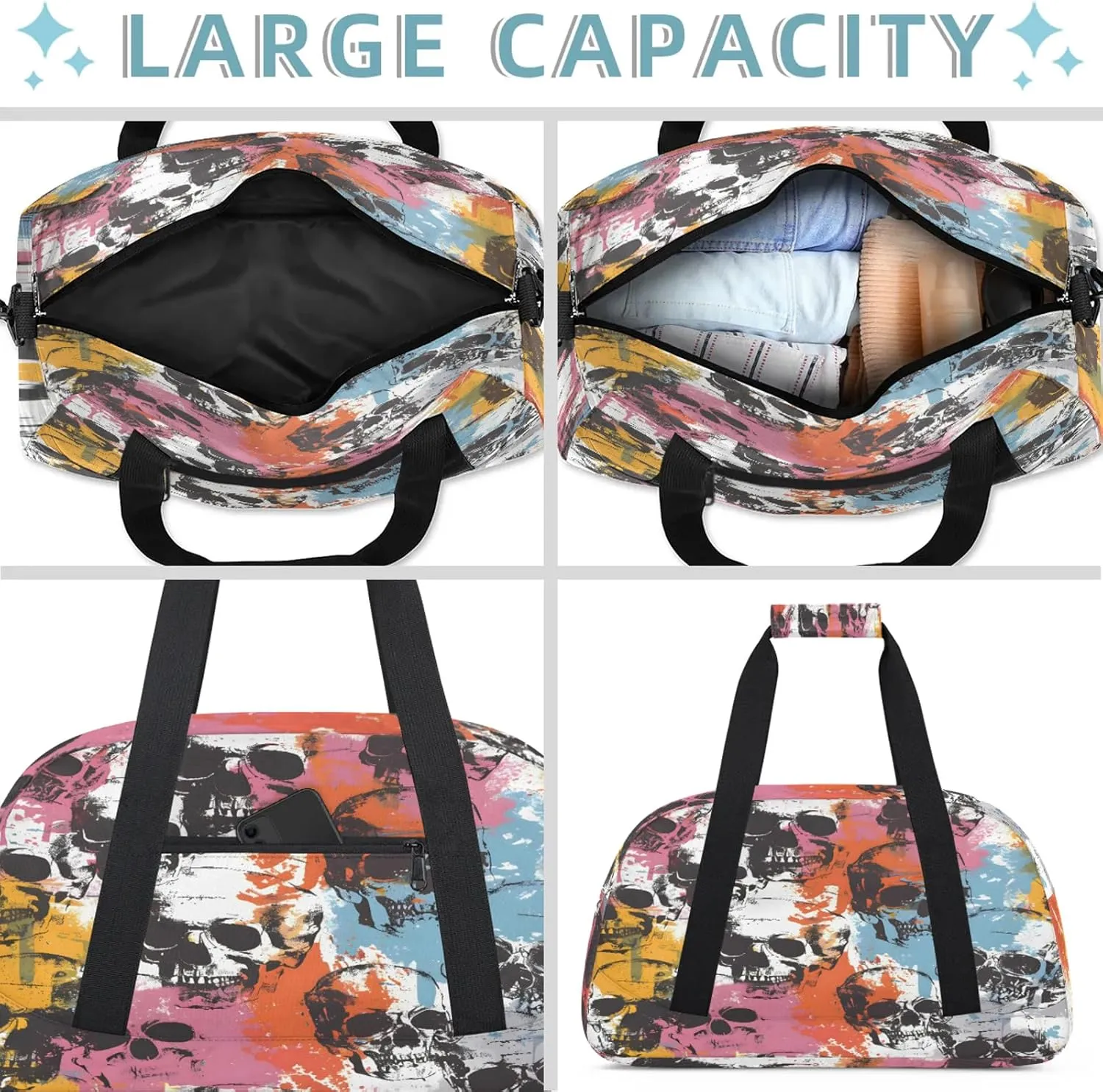 Color Skull Gothic Skeleton Small Gym Bag 18 inch Carry On Duffel Bag for Weekender Travel Sports Workout Yoga Gymnastics Dance Ballet
