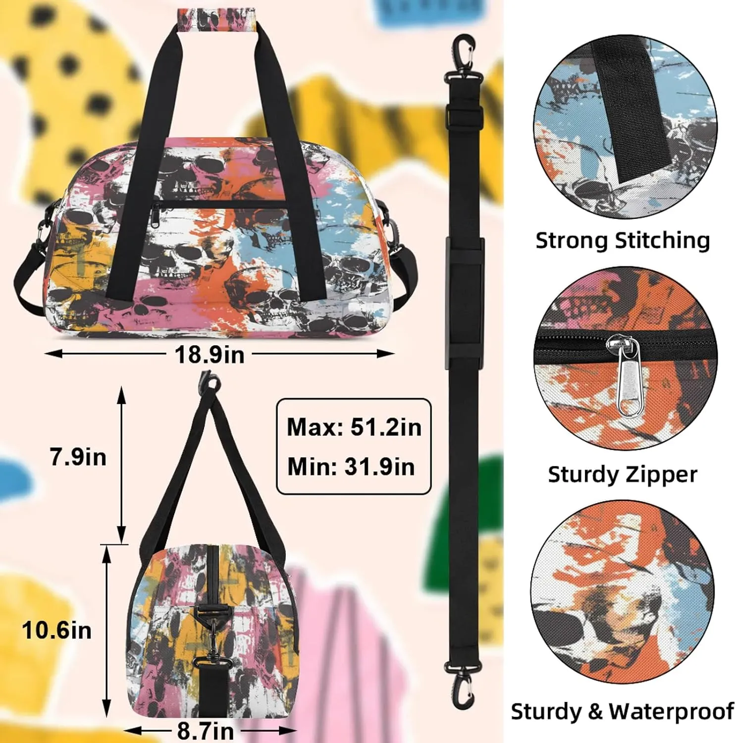 Color Skull Gothic Skeleton Small Gym Bag 18 inch Carry On Duffel Bag for Weekender Travel Sports Workout Yoga Gymnastics Dance Ballet