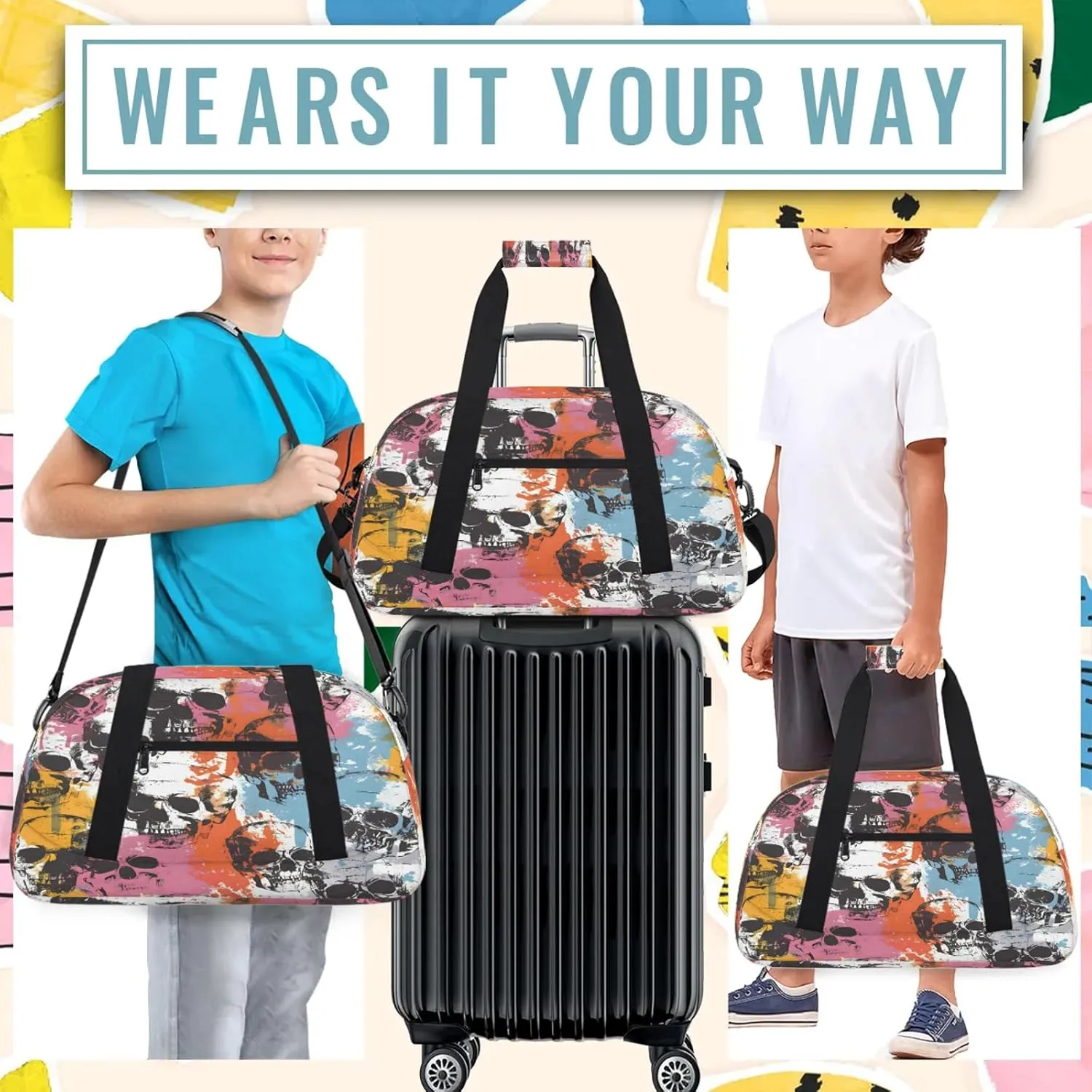 Color Skull Gothic Skeleton Small Gym Bag 18 inch Carry On Duffel Bag for Weekender Travel Sports Workout Yoga Gymnastics Dance Ballet
