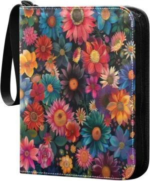 Colorful Blooming Flowers Card Binder 4-Pocket, 400 Pockets PU Waterproof Zippered Collector Card Album with 50 Removable Sleeves for Trading, Game Cards