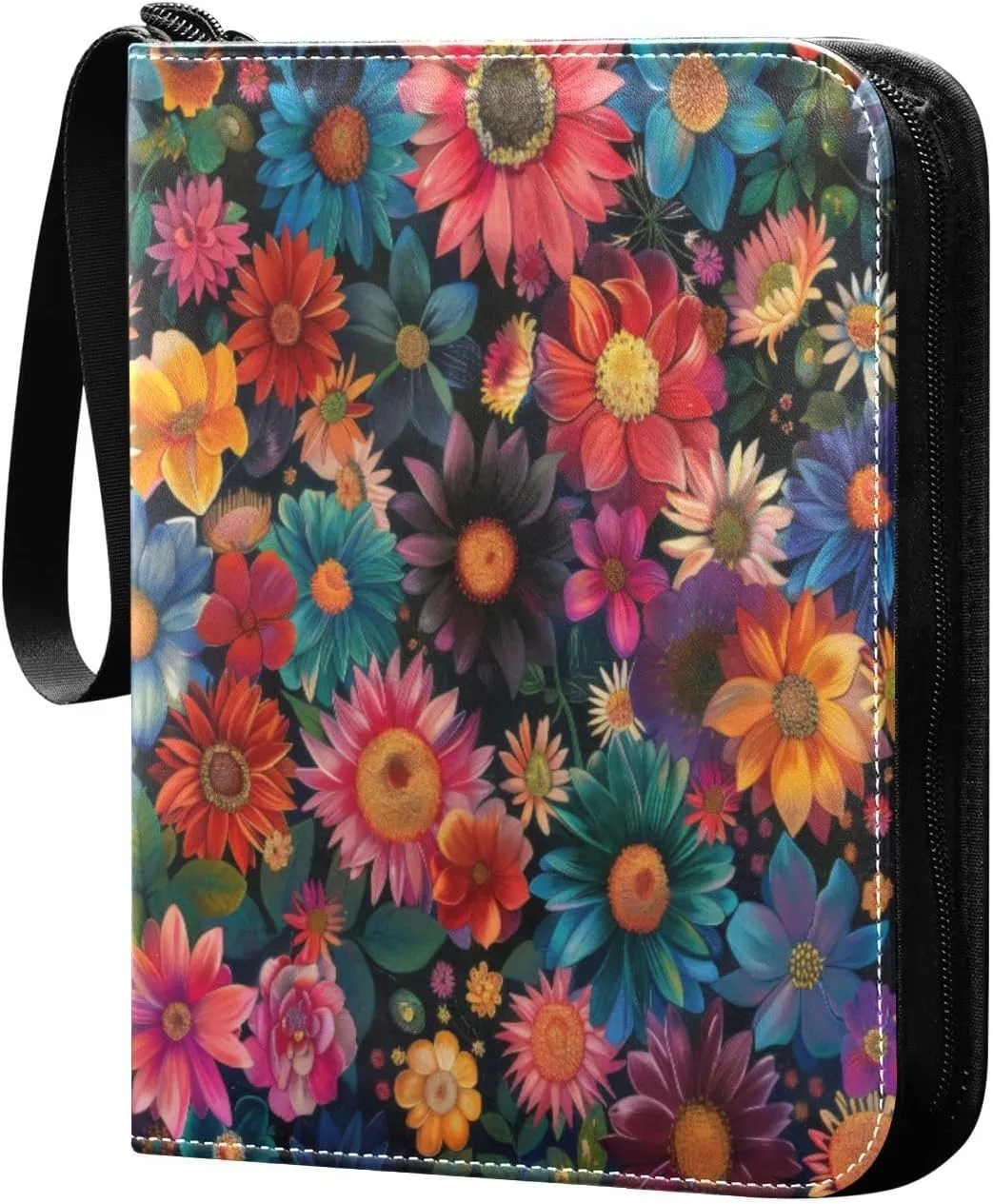 Colorful Blooming Flowers Card Binder 4-Pocket, 400 Pockets PU Waterproof Zippered Collector Card Album with 50 Removable Sleeves for Trading, Game Cards