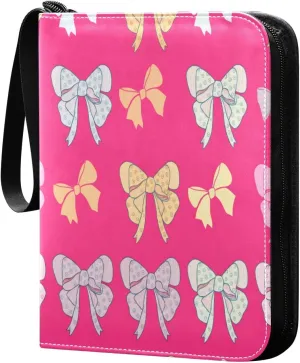 Colorful Bows Pink Card Binder 4-Pocket, 400 Pockets PU Waterproof Zippered Collector Card Album with 50 Removable Sleeves for Trading, Game Cards