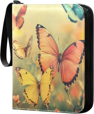 Colorful Butterflies Card Binder 4-Pocket, 400 Pockets Card Holder with 50 Removable Sleeves and Zipper for Games Baseball Football Sports Card