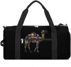 Colorful Flowered Camel Gym Bag for Women Men Lightweight Duffel Bag Travel Tote Bag Sports Bag with Shoulder Strap