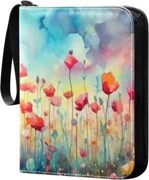 Colorful Flowers Card Binder 4-Pocket, 400 Pockets PU Waterproof Zippered Collector Card Album with 50 Removable Sleeves for Trading, Game Cards