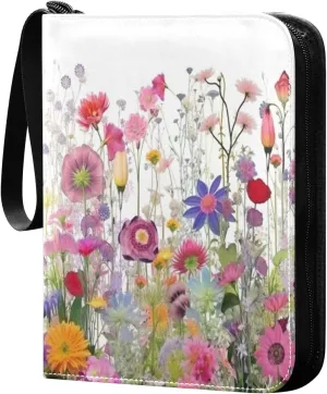 Colorful Flowers Card Binder with 50 Removable Page Sleeves PU Leather Collectible Trading Card Albums Book with Zipper for Games Card,Baseball Cards